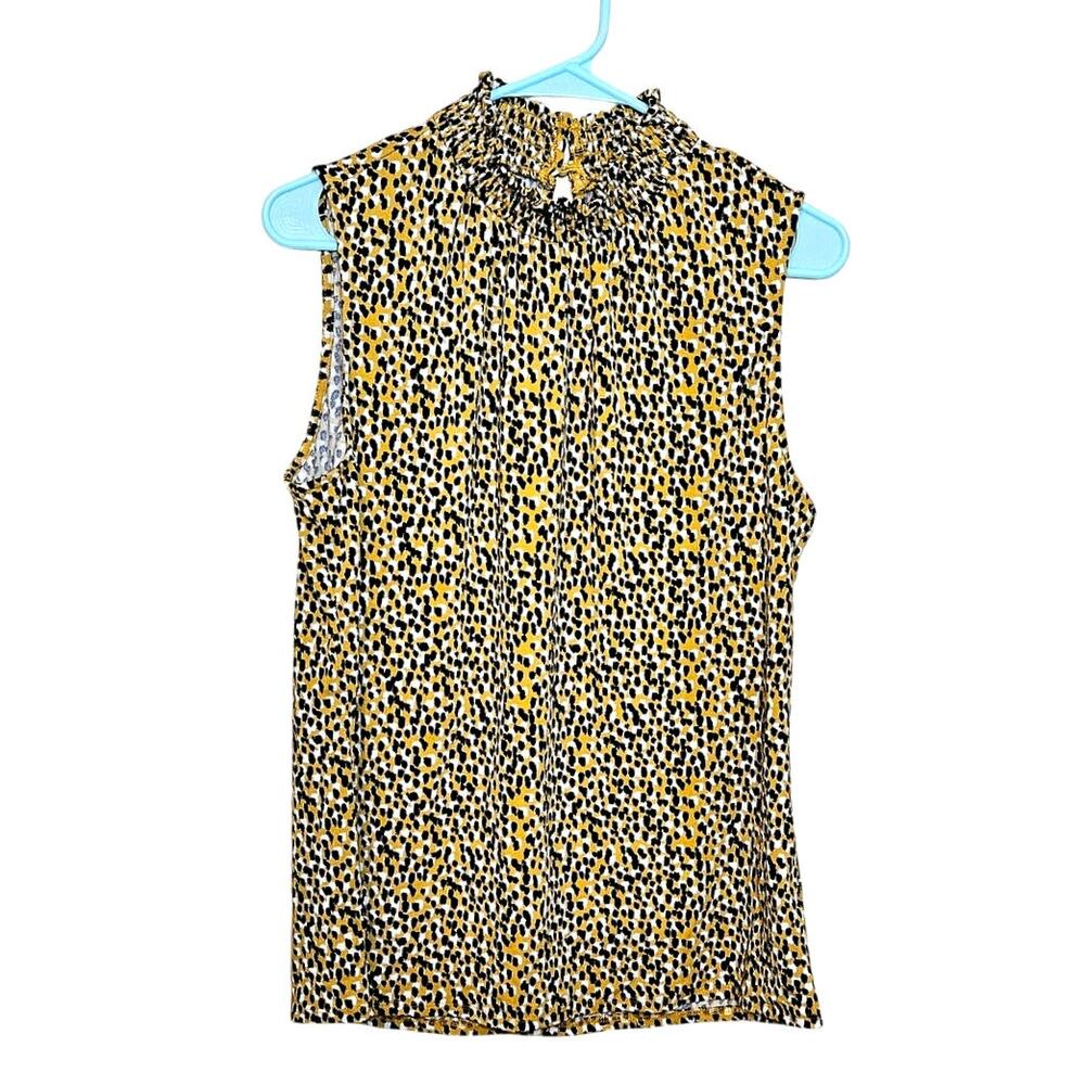 Adrianna Papell Yellow Animal Print Sleeveless Blouse Work Career White Black